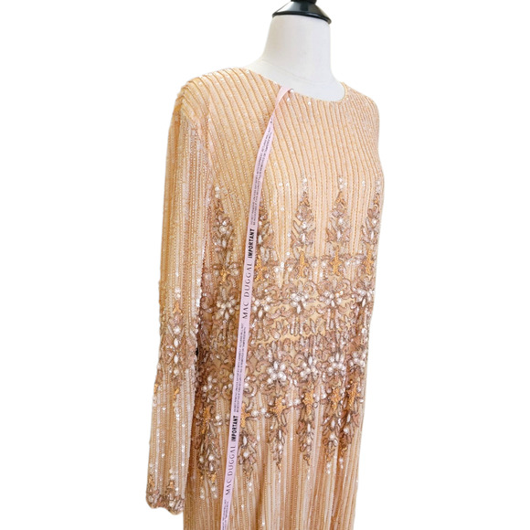 Mac Duggal 5576 Peach 18 Sequin Beaded Long Sleeve High Neck Midi Evening Dress - Picture 5 of 13